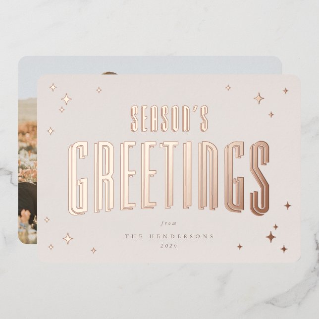 Pale Pink Season's Greetings Retro Stars Photo  Foil Holiday Card (Front/Back)