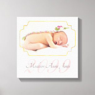 Pale Pink Stripes with Name Baby SQUARE Photo Canvas Print