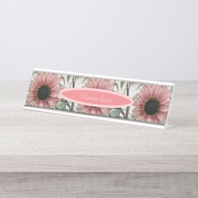 Pale Pink Sunflower Personalized Desk Name Plate (Front)