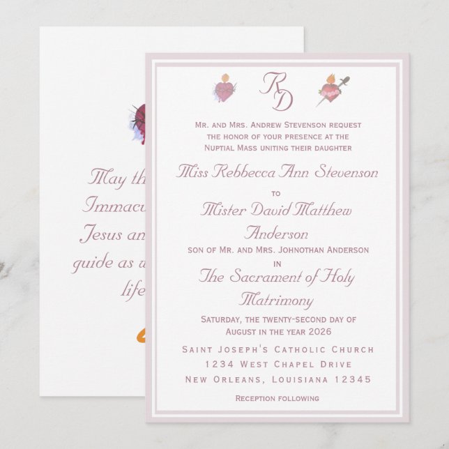 Pale PinkTwo Hearts Catholic Wedding Invitation (Front/Back)