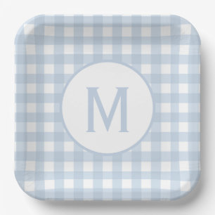 Pale Powder Blue Gingham Pattern Monogram Paper Plate