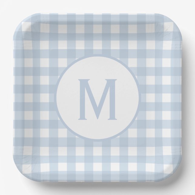 Pale Powder Blue Gingham Pattern Monogram Paper Plate (Front)