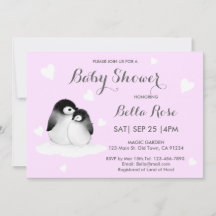 Pale Purple Coeur Penguin Baby Douche Invitations
