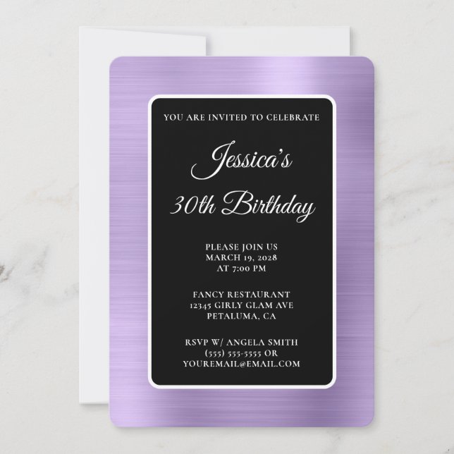 Pale Purple Foil Black and White 30th Birthday Invitation (Front)