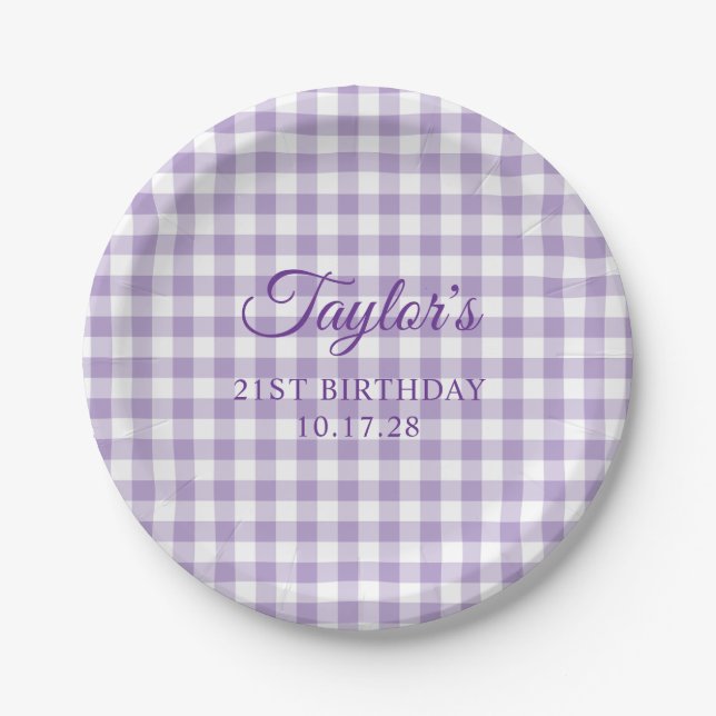 Pale Purple Gingham Plaid 21st Birthday Paper Plate (Front)