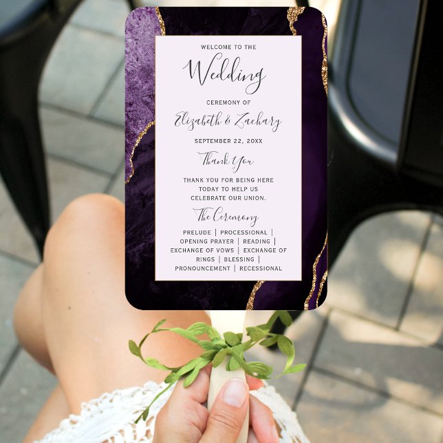 Pale Purple Gold Agate Wedding Program Hand Fan (Creator Uploaded)