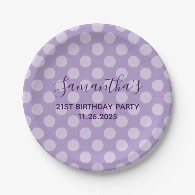 Pale Purple Polka Dot 21st Birthday Paper Plate (Front)