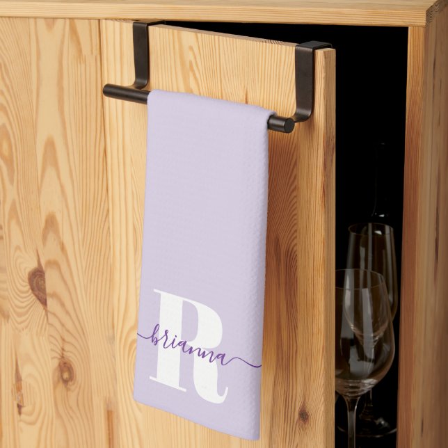 Pale Purple Script Name Bold Monogram Kitchen Towel (Thirds Fold)