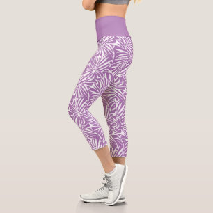 Pale Purple Tropical Leaf Repeating Pattern Capri Leggings