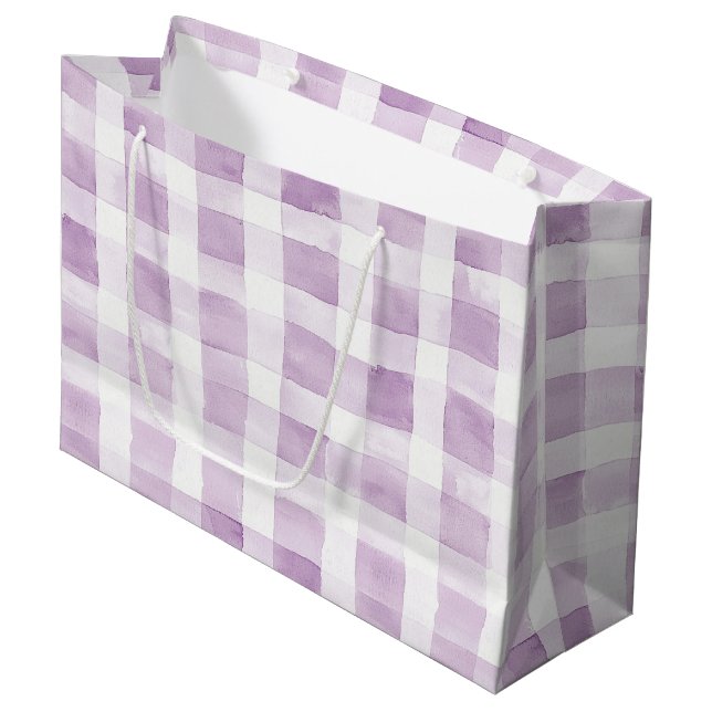 Pale Purple White Plaid Stripes Birthday Large Gift Bag (Front Angled)
