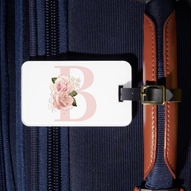 Pale Rose Gold Floral Monogram Luggage Tag (Front Insitu 4)