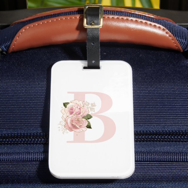 Pale Rose Gold Floral Monogrammed Luggage Tag (Front Insitu 2)