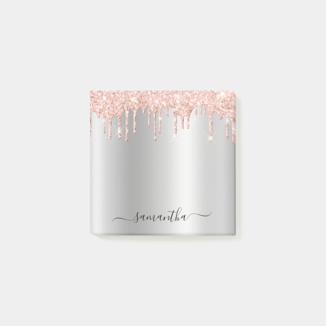 Pale Rose Gold Glitter Drips Silver Shimmer Post-it Notes (Front)