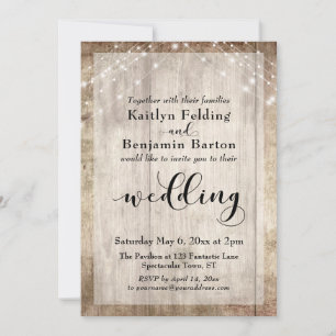 Pale Rustic Wood and White Lights Wedding Invitation