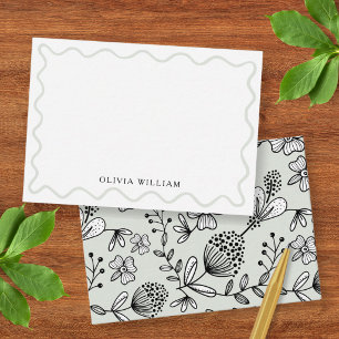 Pale Sage Green Floral Wavy Border Personalized Card