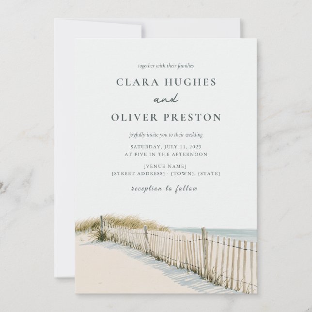 Pale Sand Teal Script Cape Cod Dune Grass Wedding Invitation (Front)