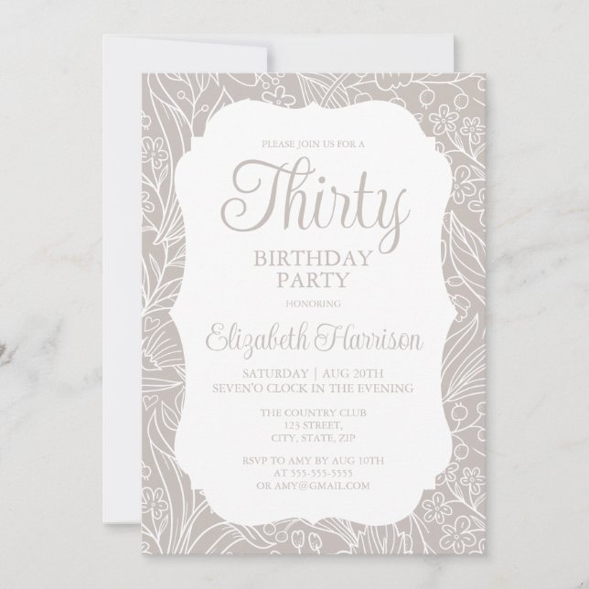 Pale Silver White Flora Woman 30th Birthday Party Invitation (Front)
