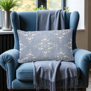 Pale Silvery Blue Damask Lumbar Pillow