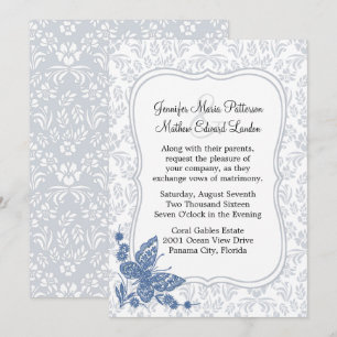 Pale Slate Blue Floral Damask Wedding Invitation