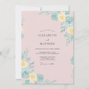 Pale Soft Pink Yellow Peony Wedding Invitation