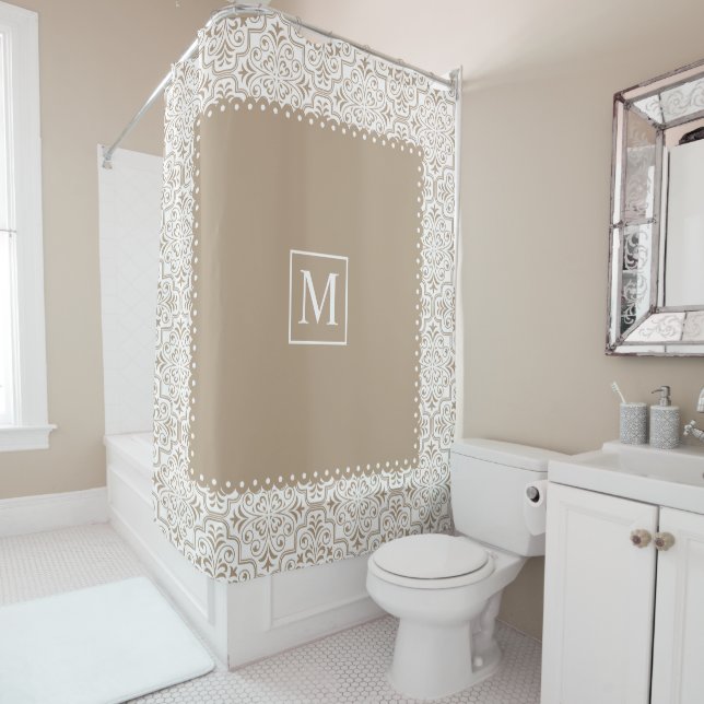 Pale taupe damask pattern and monogram (In Situ)