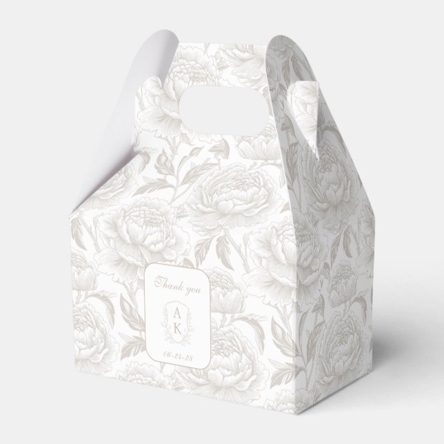Pale Taupe Monogram Crest Chinoiserie Peonies Favor Box (Front Side)