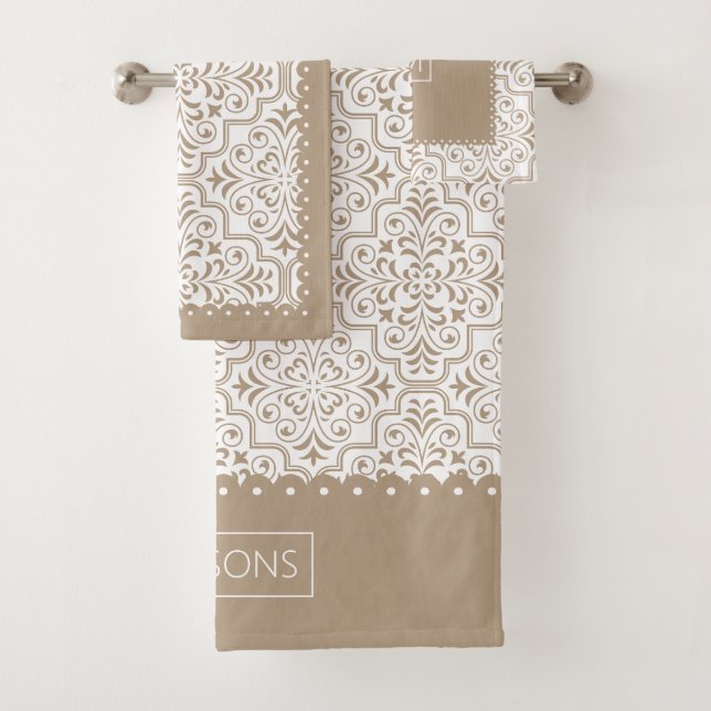 Pale taupe white damask pattern, scalloped borders bath towel set (Insitu)