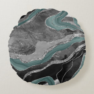 Pale Teal Gray Marble Agate Silver Glitter Glam #1 Round Pillow