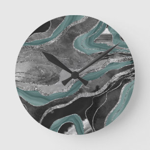 Pale Teal Grey Marble Agate Silver Glitter Glam #1 Round Clock