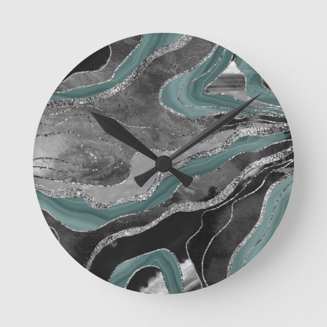 Pale Teal Grey Marble Agate Silver Glitter Glam #1 Round Clock (Front)