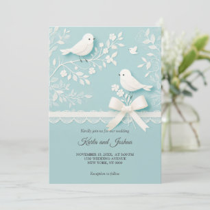 Pale Teal with Romantic Lace and Birds Wedding Invitation