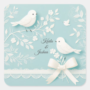 Pale Teal with Romantic Lace and Birds Wedding Square Sticker