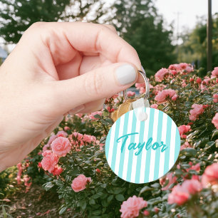 Pale Turquoise and White Cabana Stripe Keychain