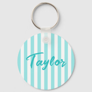 Pale Turquoise and White Cabana Stripe Keychain