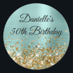 Pale Turquoise Foil Gold Glitter 50th Birthday Classic Round Sticker<br><div class="desc">Create your own fancy monogram stylish milestone birthday celebration envelope seals for her. The background features a pastel teal and pale turquoise brushed metal style foil digital art graphic. Along the bottom is a band of gold faux glitter girly glam. Customize the font colour, size or style. The luxury sparkles,...</div>