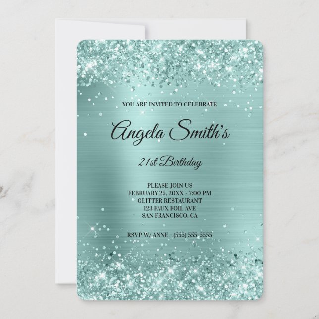 Pale Turquoise Glitter Foil Fancy Monogram Invitation (Front)