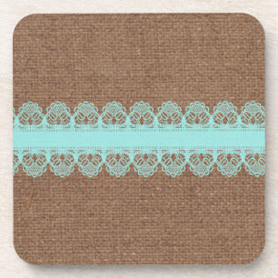 Pale Turquoise Lace against Burlap - Shabby Chic Coaster