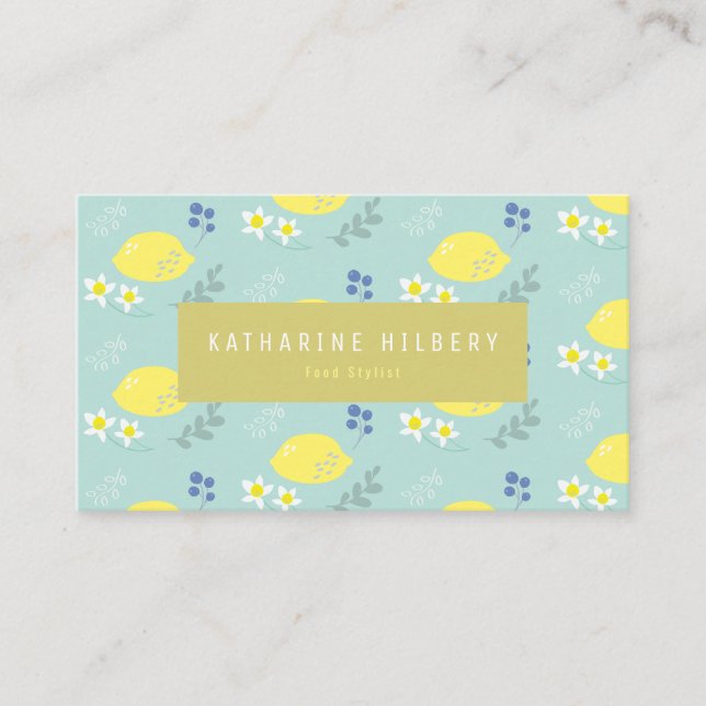 Pale Turquoise Lemon Floral Pattern Business Card (Front)