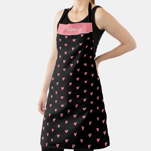  Pale Valentines Heart Polka Dot Pattern on Black Apron (Insitu)