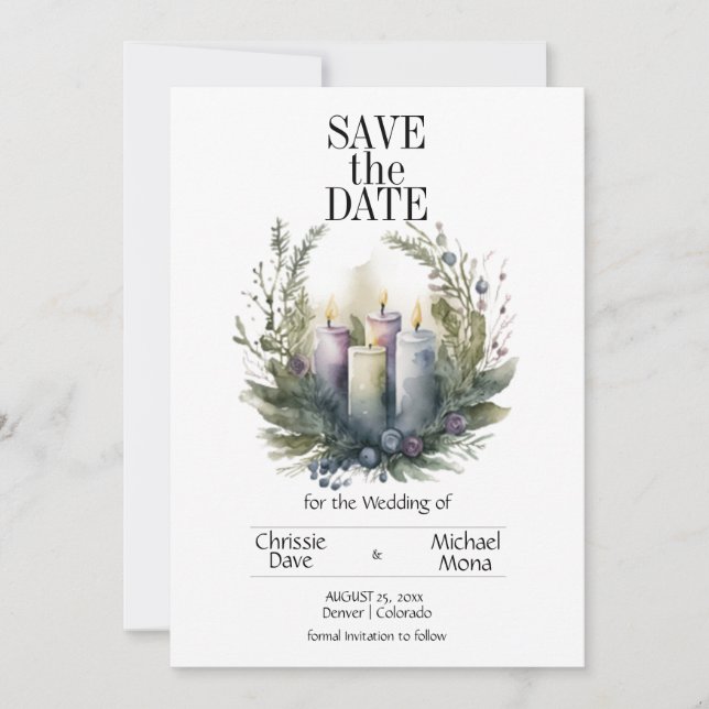 Pale Violet Floral Pastel with Wedding Candles  Save The Date (Front)