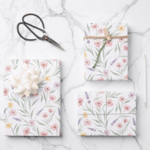 Pale Watercolor Style Flowers Pink Purple Yellow Wrapping Paper Sheet