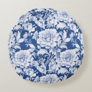 Pale white/blue repeat rose pattern round pillow
