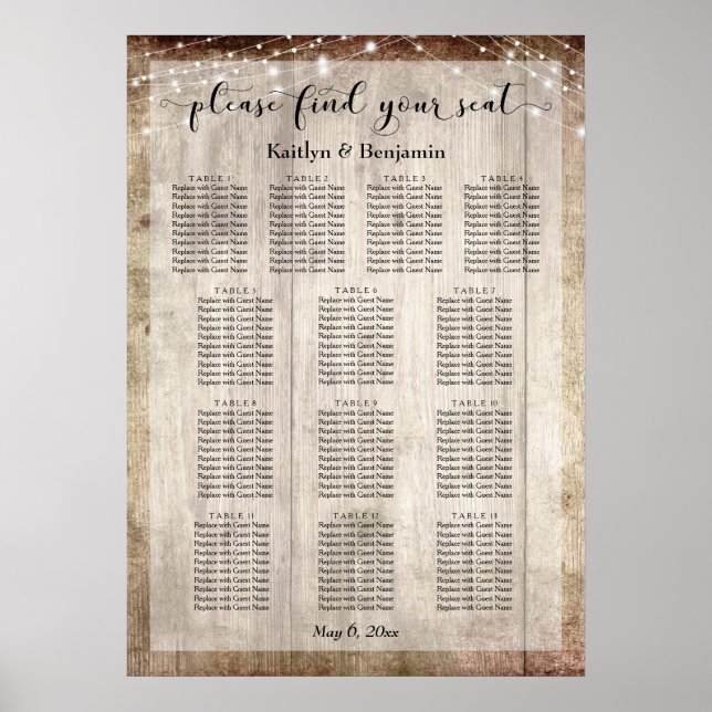Pale Wood & Lights Wedding Reception Seating Chart (Front)