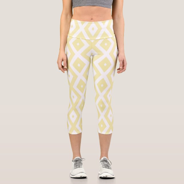 Pale yellow and white diamond pattern capri leggings (Front)
