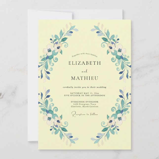 Pale Yellow Aqua Leafy Wedding Invitation (Front)