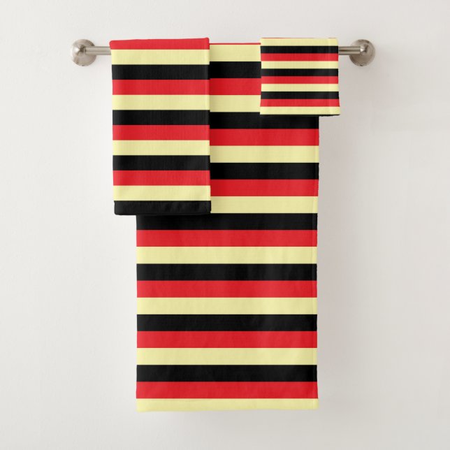Pale Yellow, Black and Red Stripes Bath Towel Set (Insitu)
