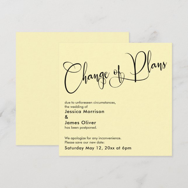 Pale Yellow Change of Plans Postponed Wedding Card (Front/Back)