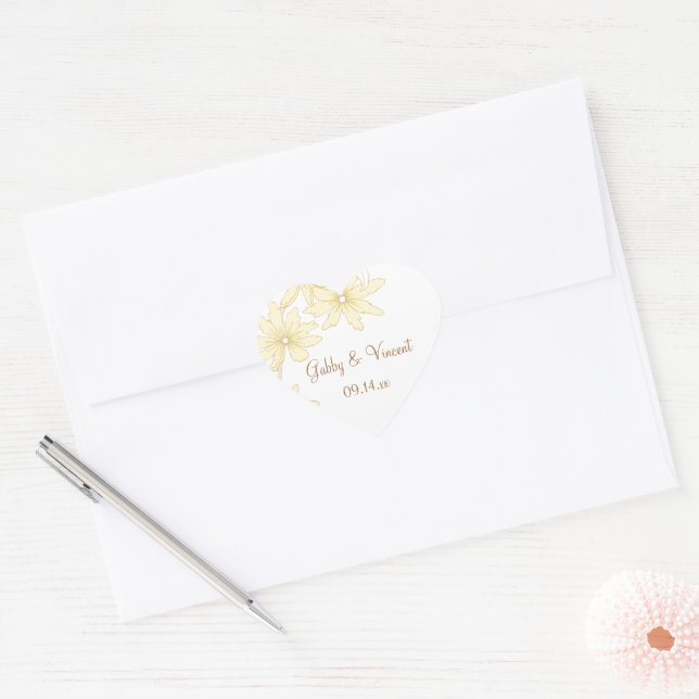 Pale Yellow Daisies Wedding Heart Sticker (Envelope)