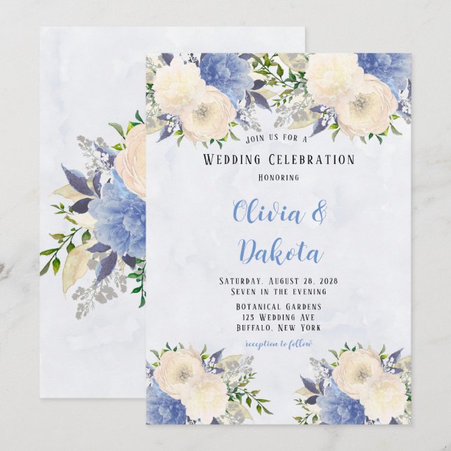 Pale Yellow Dusty Blue Botanical Peony Wedding Invitation (Front/Back)