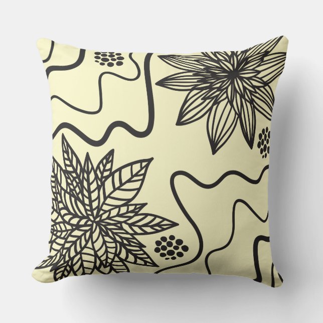 PALE YELLOW FLORAL BLACK DESIGN Retro Throw Pillow (Front)